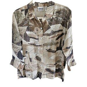 Chico's Design Size S (Chico 0) Silk & Linen Blouse Novelty Asian Print Sheer